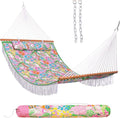 Junyora Double Quilted Fabric Hammock with Pillow and Spreader Bar, Outdoor Backyard