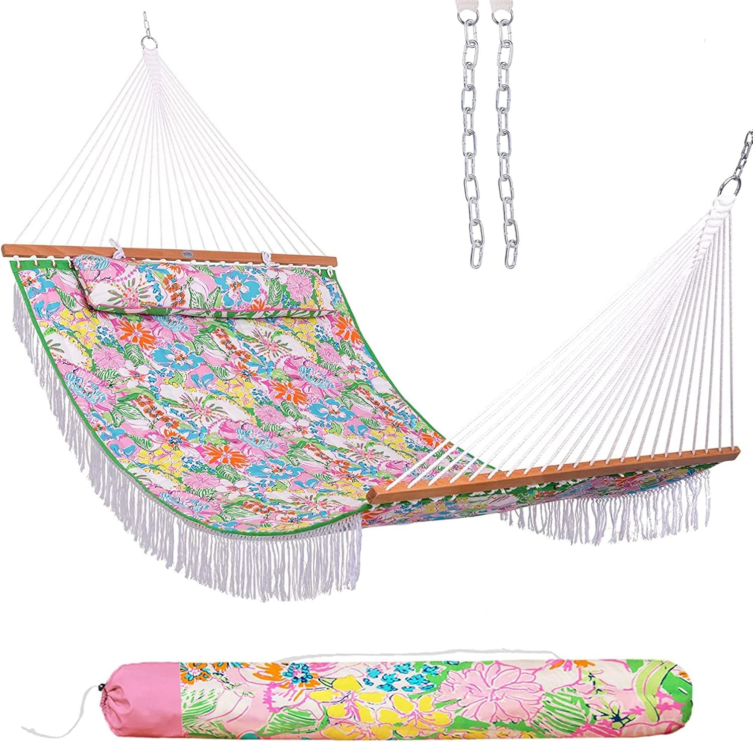 Junyora Double Quilted Fabric Hammock with Pillow and Spreader Bar, Outdoor Backyard