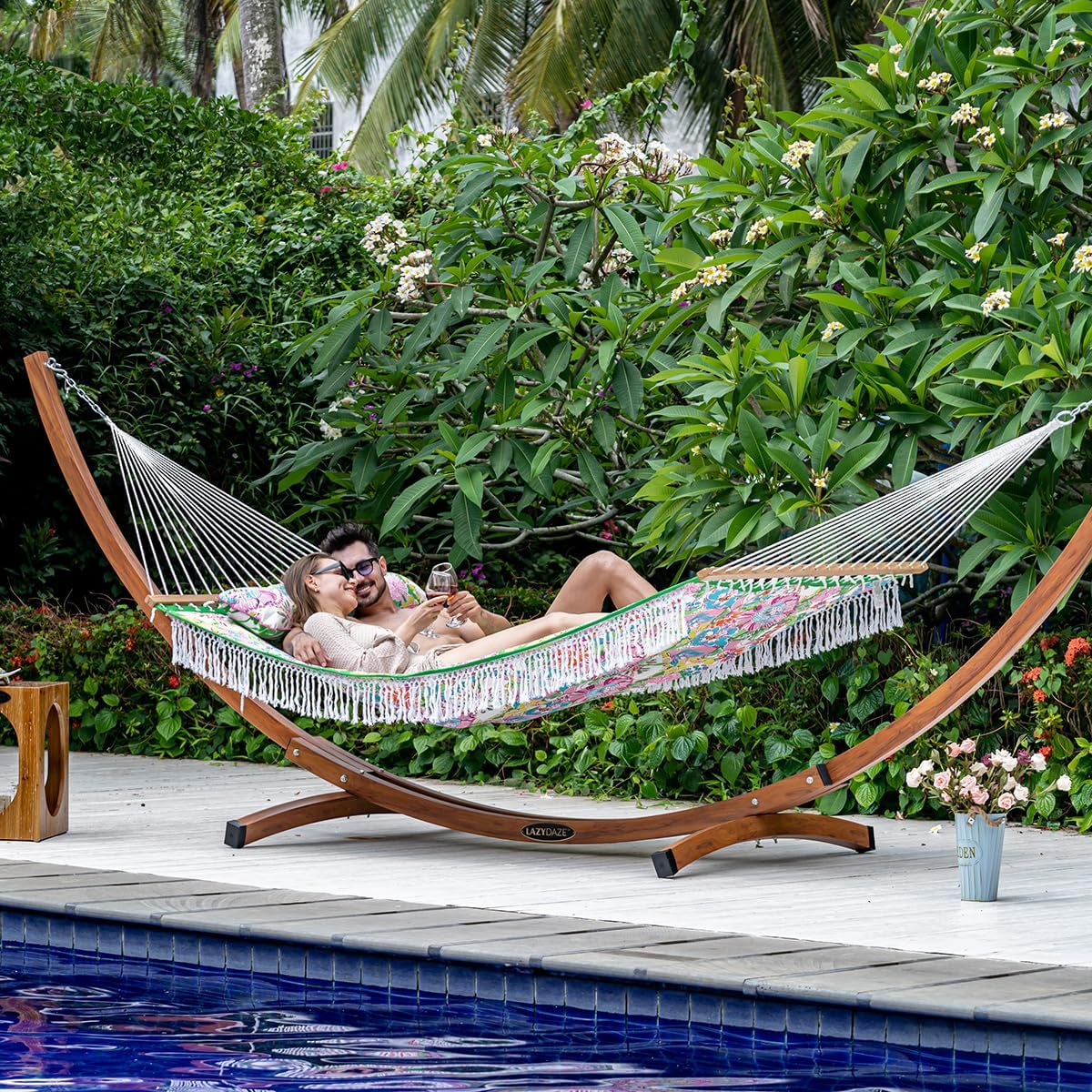 Junyora Double Quilted Fabric Hammock with Pillow and Spreader Bar, Outdoor Backyard