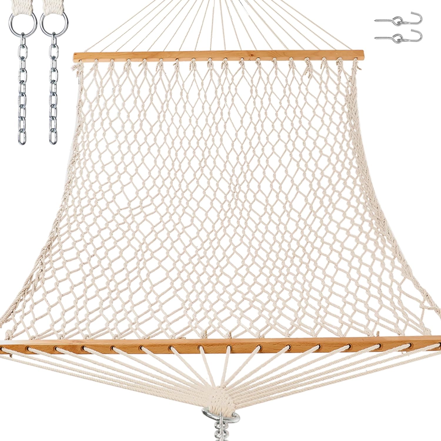 Junyora Double Cotton Rope Hammock with Wood Spreader Bar, Outdoor