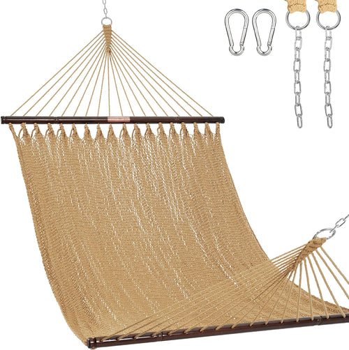 Junyora 10.5 ft Double Caribbean Polyester Rope Hammock with Spreader Bars, 450 lb Capacity, Tan
